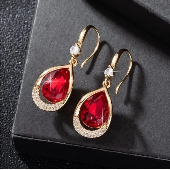 14K Yellow Gold and Ruby Red Austrian Crystal Teardrop Halo Drop Hook Earrings